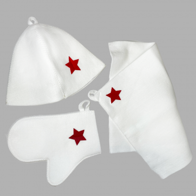 Набор банный "Со звездой" (шапка белая+рукавица+коврик)